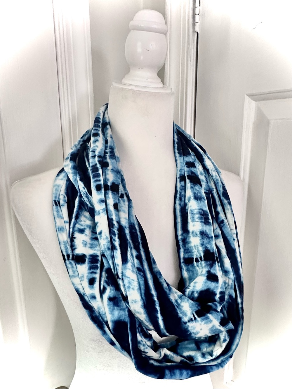 Blue White Tie Dye Infinity Scarf with Zip Pocket
